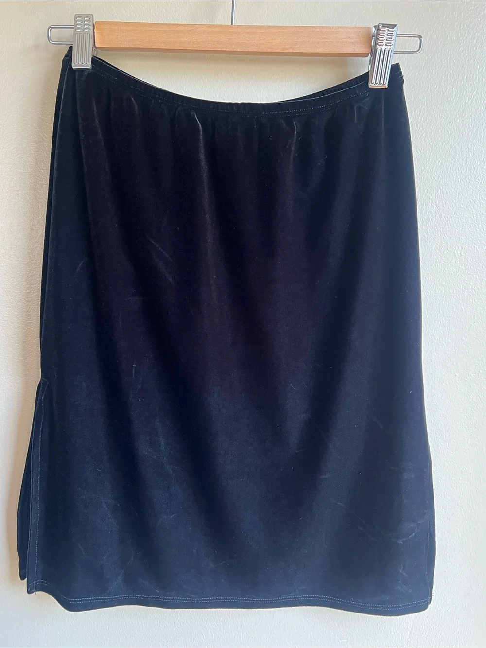 Vintage 90s HANA Black Velvet Midi Skirt Small Double Side Slit Made USA